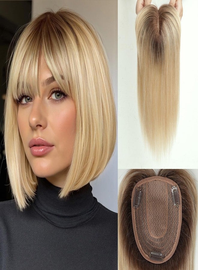 starluck Hair Toppers for Women Real Human Hair with Bangs 4.5"*5.5"Large Base 10 Inch 100% Real Human HairToppers for Women with ThinningHair Cover Gray Roots(ombre Light Blonde) - Image 1